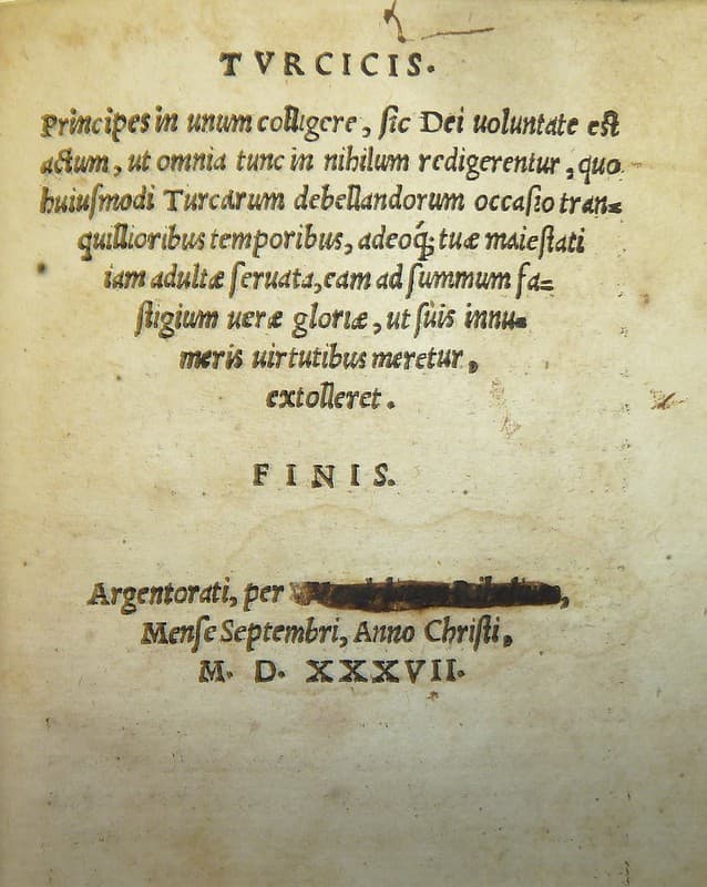 Colophon with the name of the printer, Wendelin Rihel, blacked out