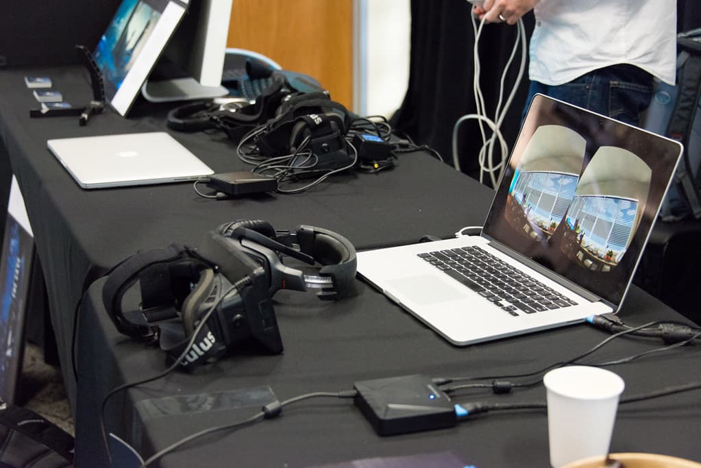 Oculus Rift DK1 and headphones with demo laptop at SVVR expo
