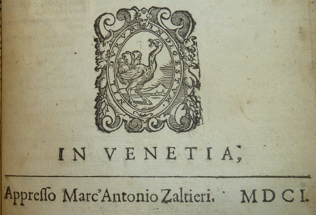Printer's device of Marco Antonio Zaltieri depicting an ostrich