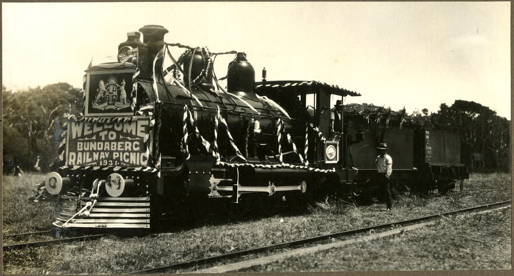 A decorated engine at the Railway Picnic, Bundaberg, 1931