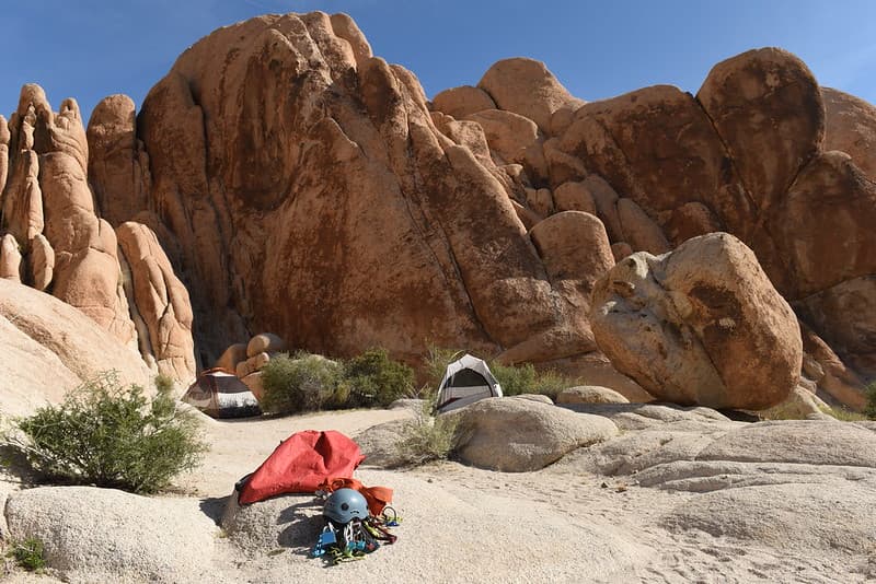 Campsite and climbing gear at Indian Cove Campground