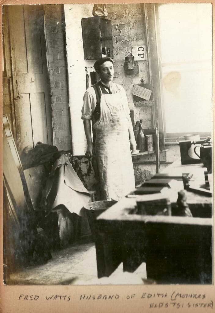 Fred Watts in his workshop, ca 1907