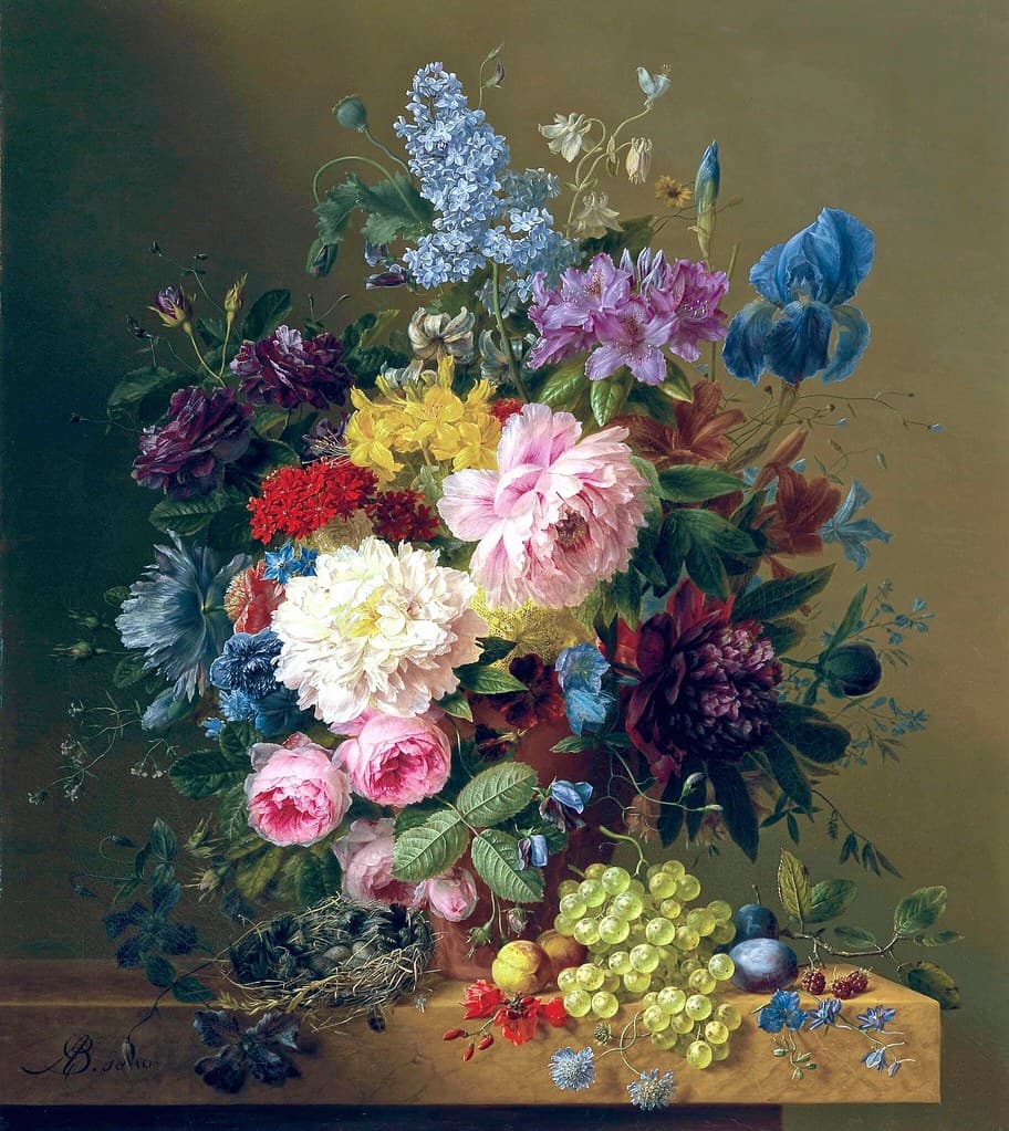 Flowers with Fruit and a Bird's Nest on a Marble Ledge (1840)