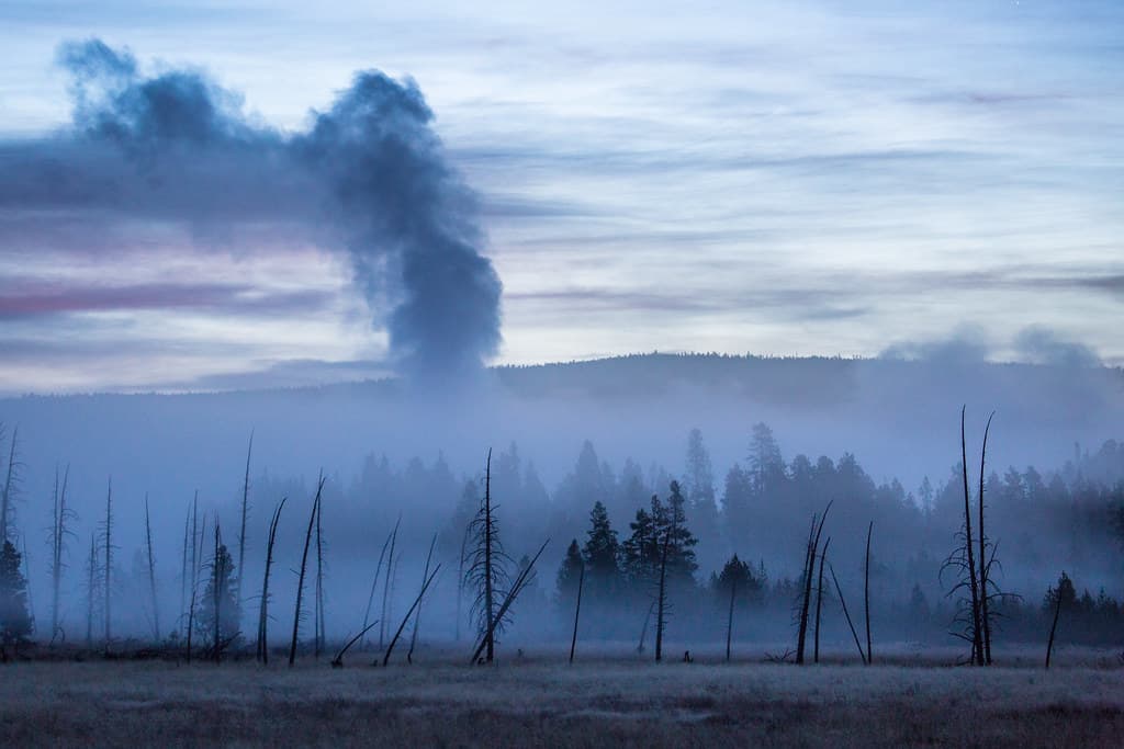 Dawn eruption of Great Fountain Geyser, Lower Geyser Basin