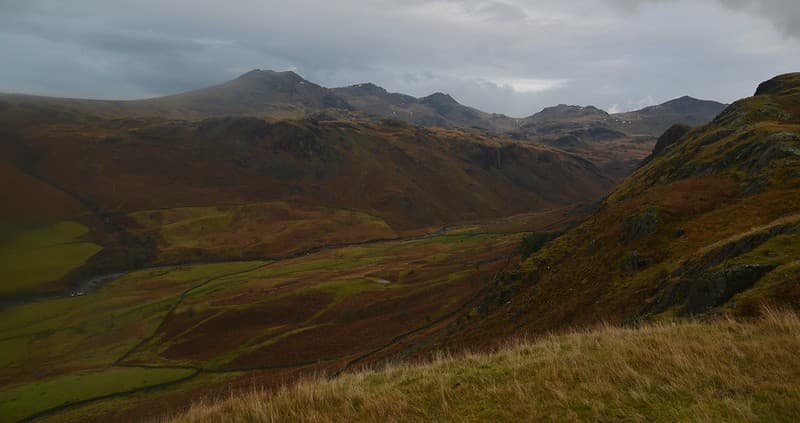 View of Crinkle Crags and the River Esk, Eskdale, Cumbria