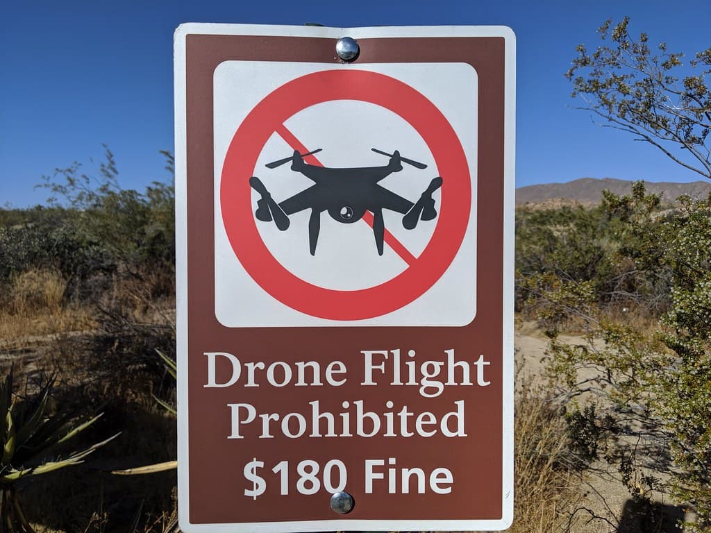 No drones sign, Joshua Tree National Park, California, USA