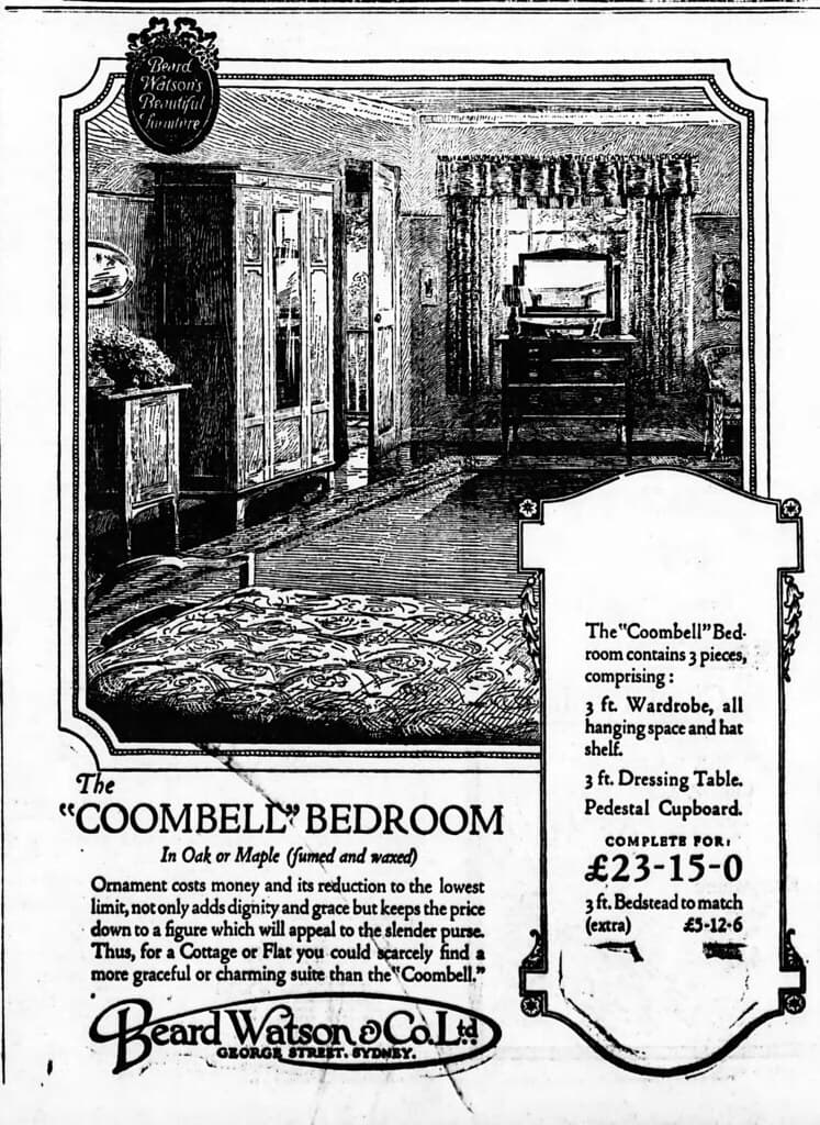 1924 advertisement for bedroom furniture at Beard Watson & Co