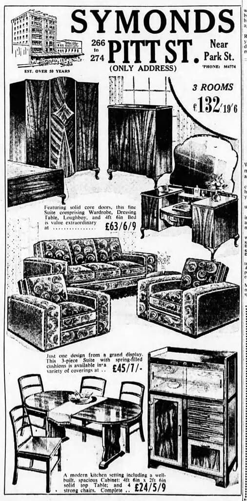 1949 advertisement for furniture at Symonds