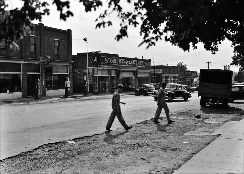 Small Town, Summer: A street scene in Keysville, Virginia, June 1943.