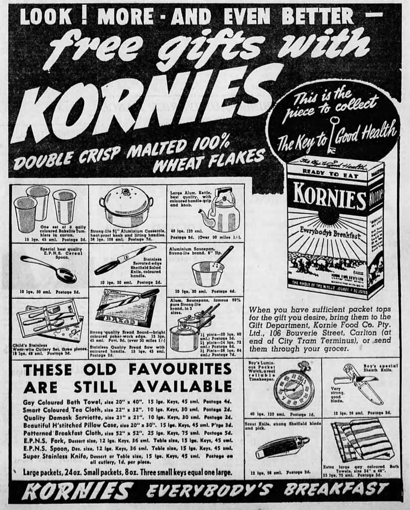 1939 advertisement for Kornies wheat flakes