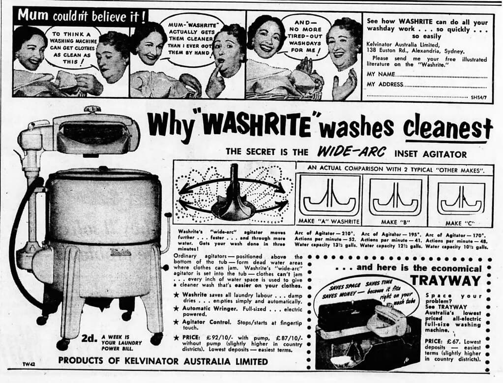 1954 advertisement for Washrite washing machine