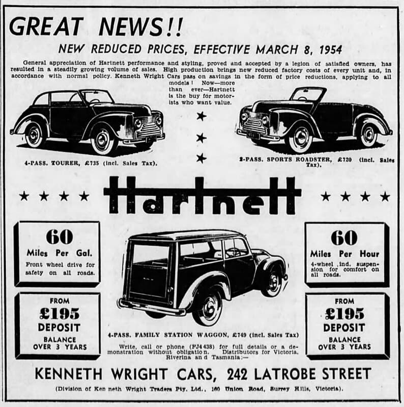 1954 advertisement for Hartnett cars - Reduced prices