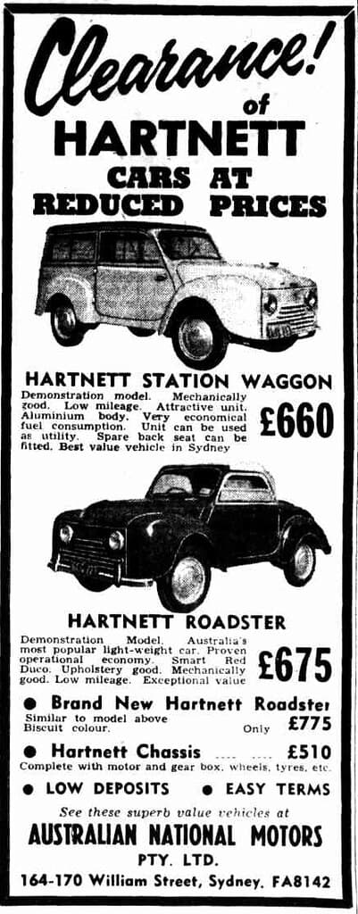 1954 advertisement for Hartnett cars - Demonstration models