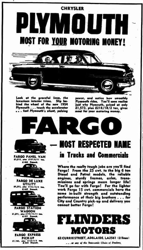 1954 advertisement for Plymouth cars and Fargo trucks