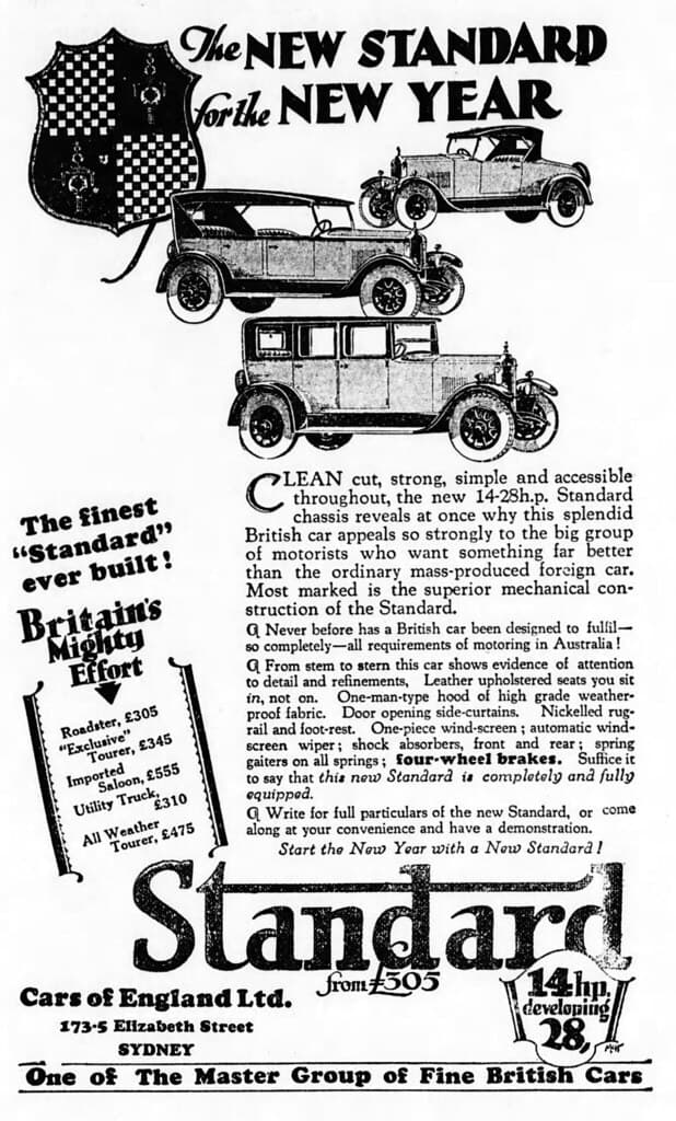 1928 advertisement for Standard cars