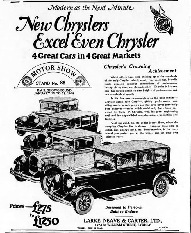 1928 advertisement for Chrysler cars
