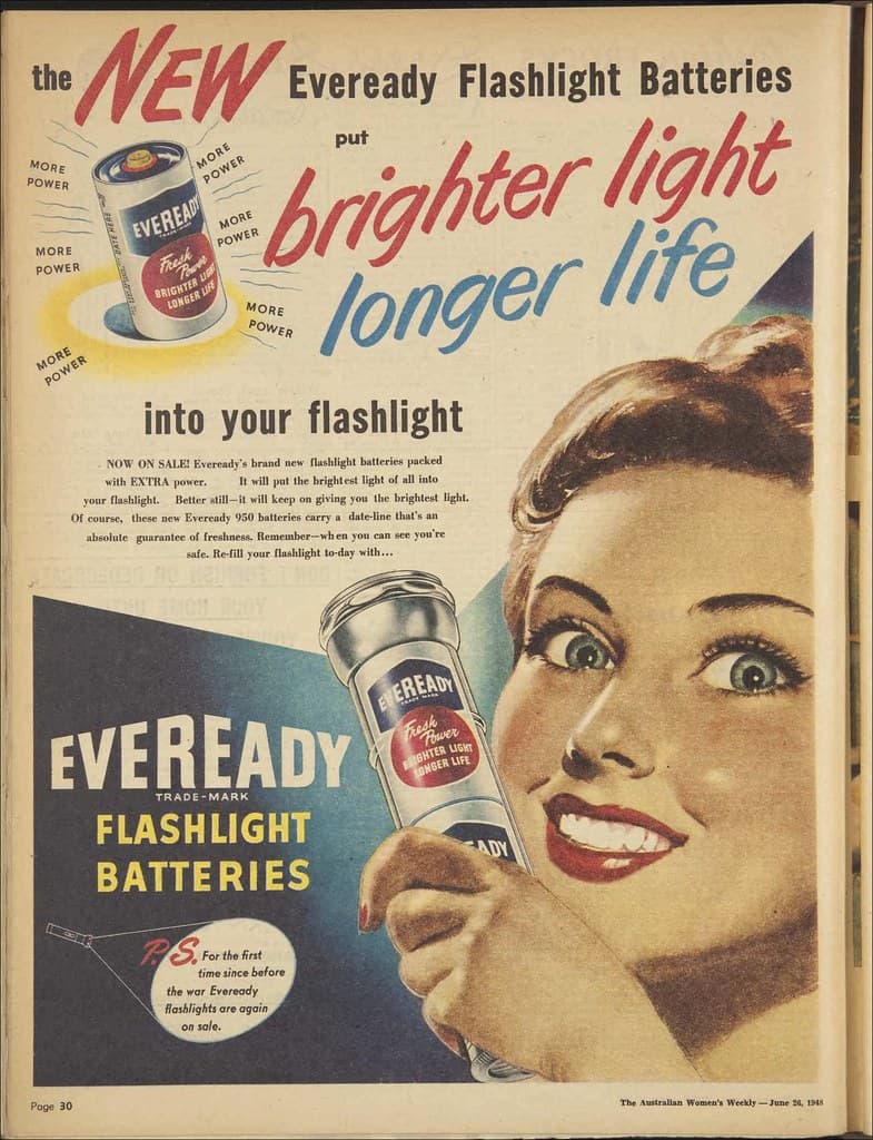 1948 advertisement for Eveready flashlight batteries