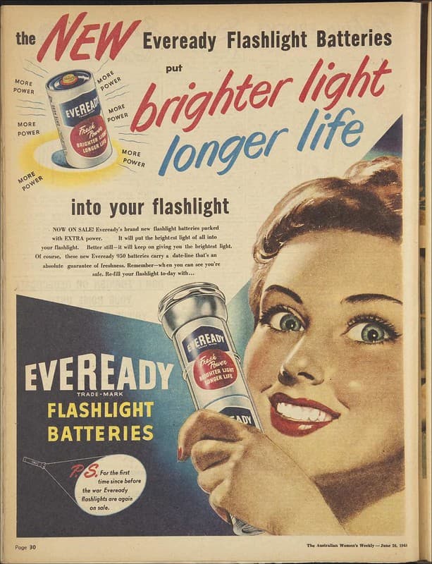 1948 advertisement for Eveready flashlight batteries
