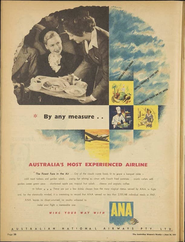 1948 advertisement for Australian National Airways (ANA) - Flight food