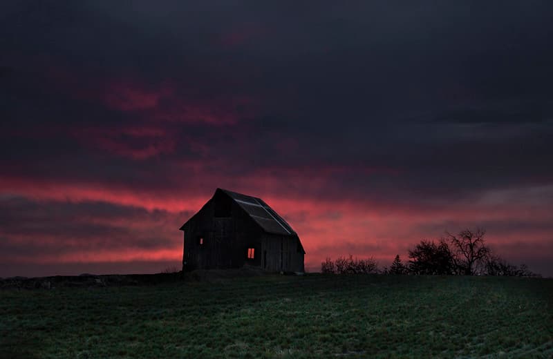Old broken down barn and pink sunset, Willamette Valley, Oregon