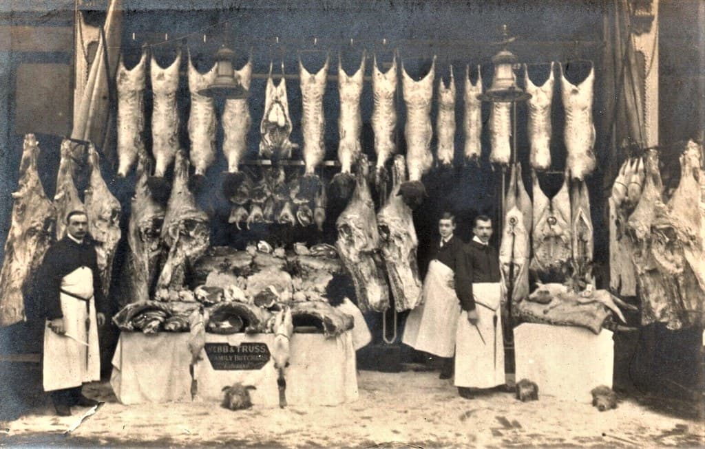 Webb & Truss Family Butcher Shop Front RP, London POSTCARD