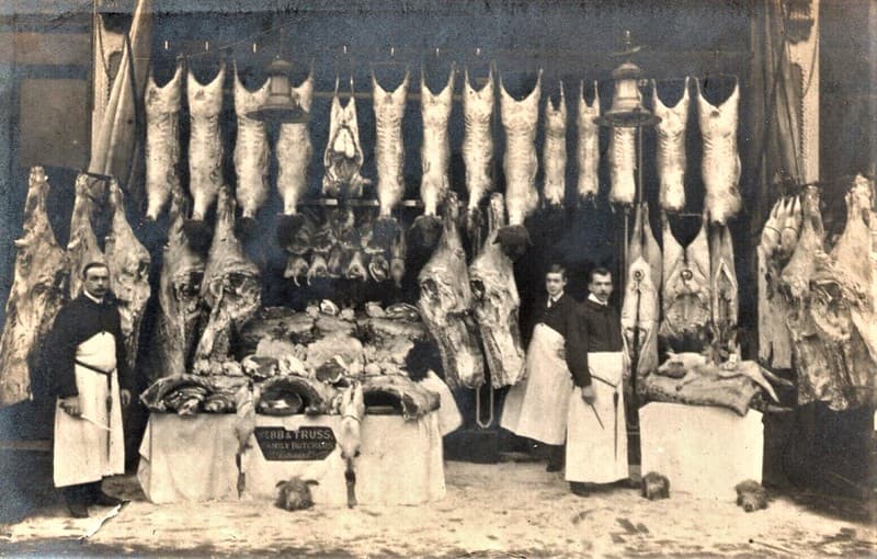 Webb & Truss Family Butcher Shop Front RP, London POSTCARD