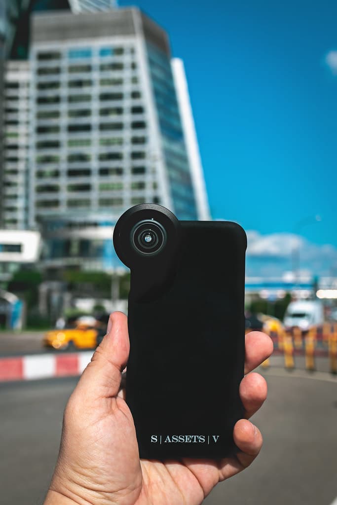 Smartphone on a skyscraper background