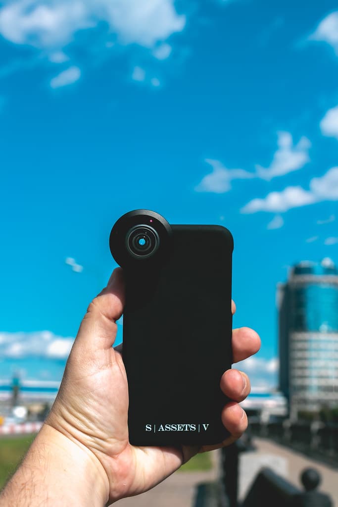 Smartphone on a skyscraper background