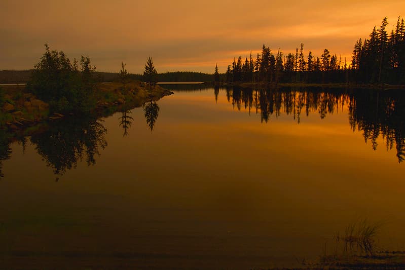 Golden sunrise on Waldo Lake, Oregon