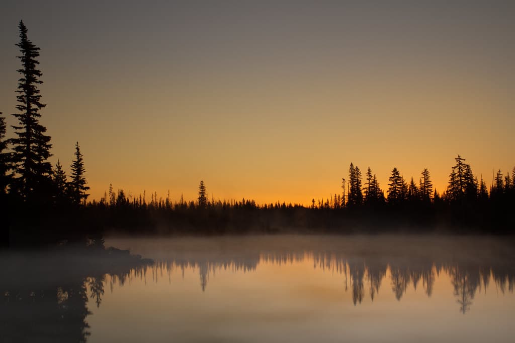 Golden sunrise and fog Big Lake, Oregon