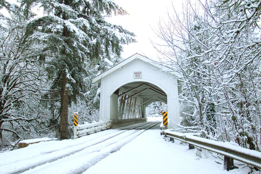 Hannah Covered Bridge in snow, Oregon