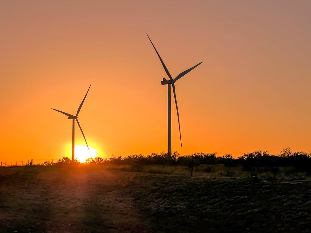 Wind turbines at sunset