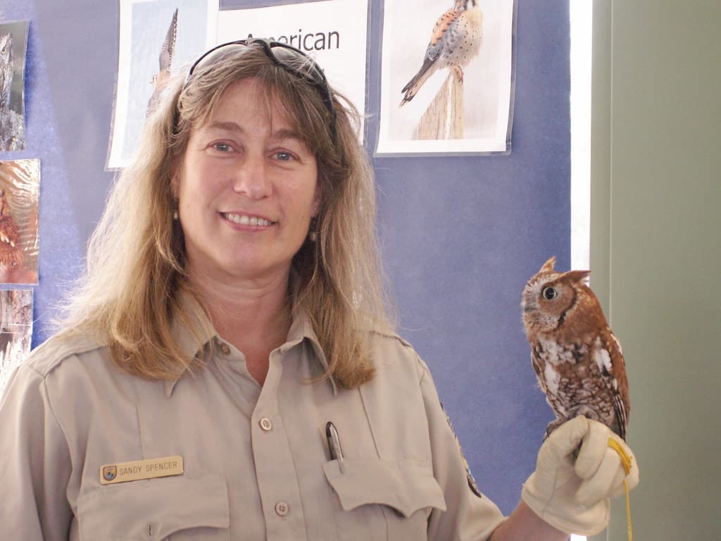 Sandy Spencer and screech owl