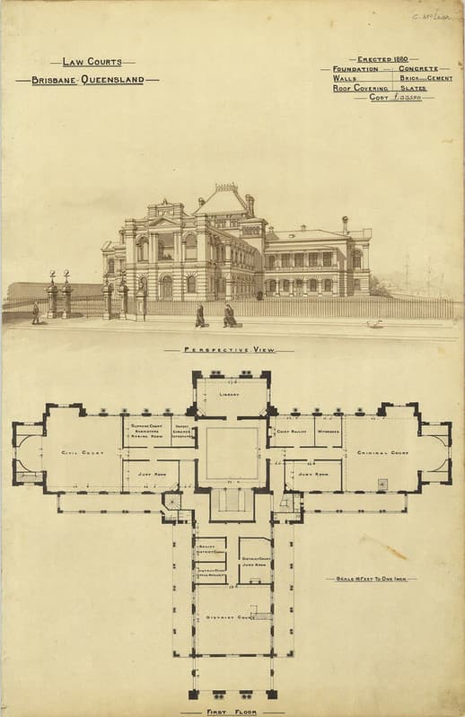 Architectural plan of the Law Courts, Brisbane, 1888