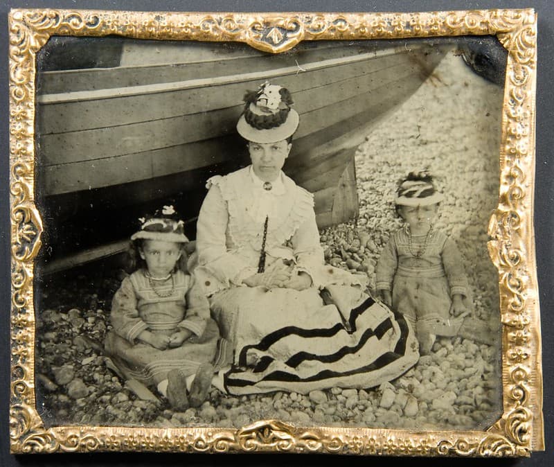 Mother and her two children on the beach. 1870s outdoor ambrotype.