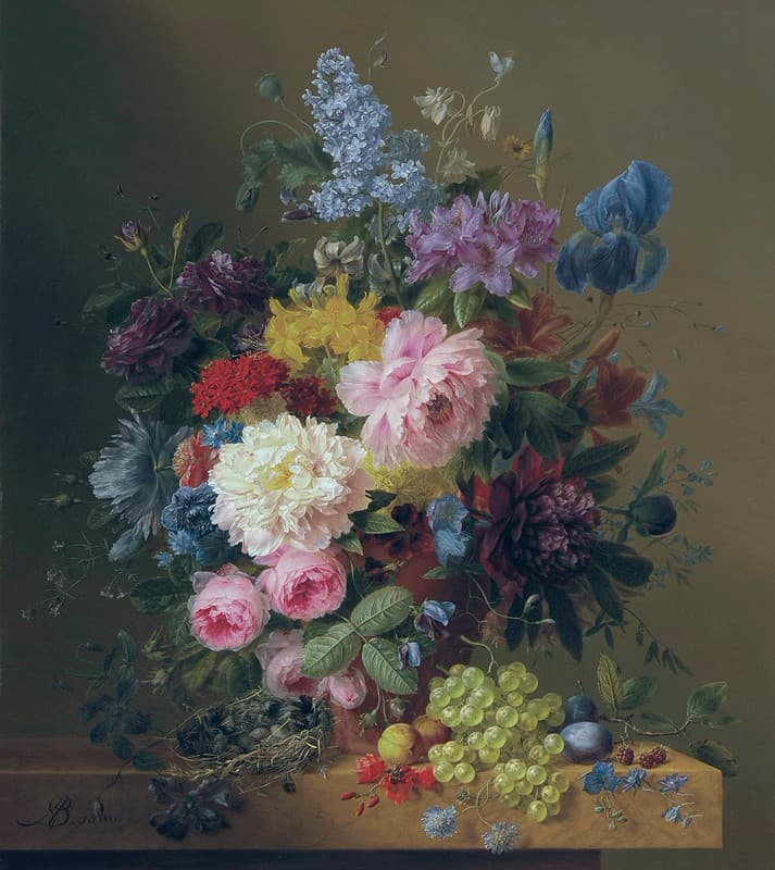 Still life with flowers and fruit with bird's nest on marble ledge.