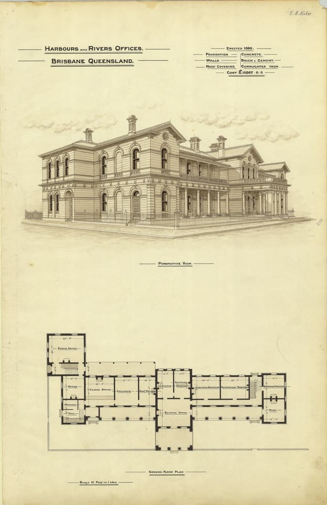 Architectural plan of the Harbours and Rivers Offices, Brisbane, 1888