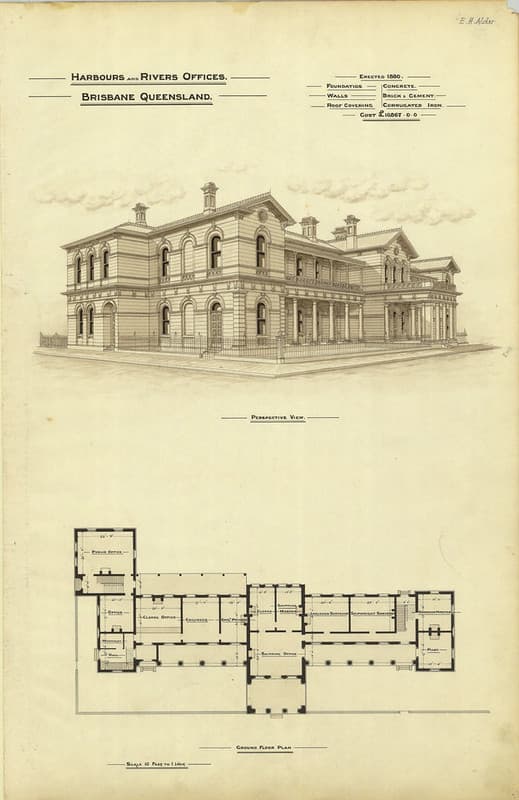 Architectural plan of the Harbours and Rivers Offices, Brisbane, 1888
