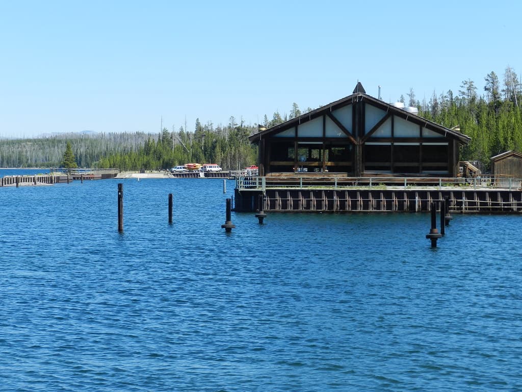 The Lake House Restaurant and boat ramp in background