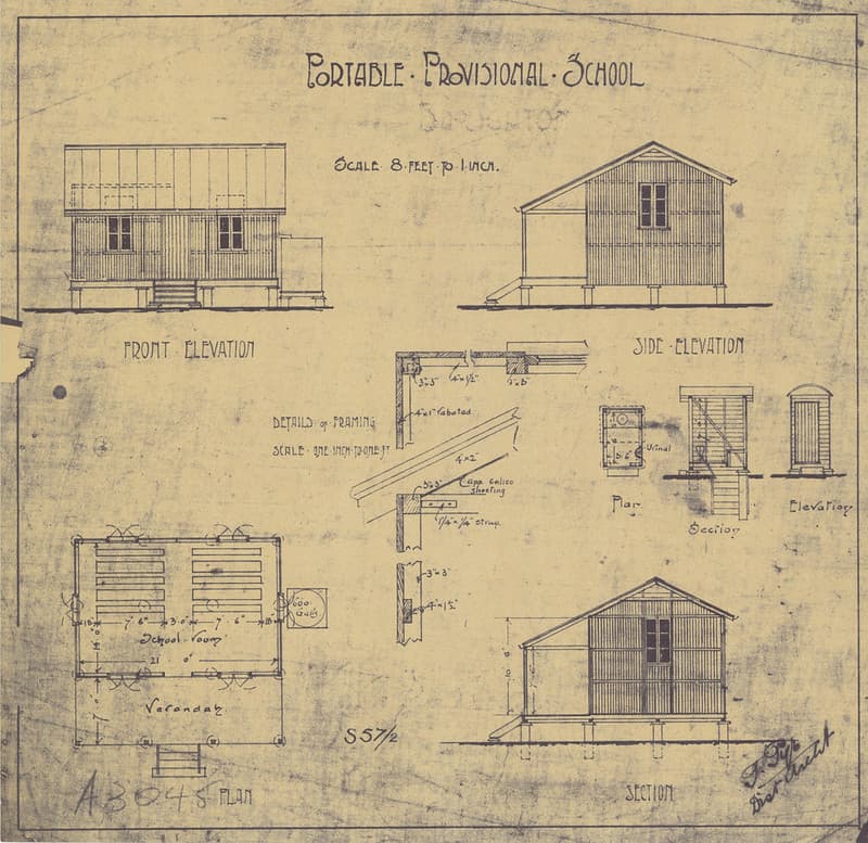 Architectural drawing of a Portable Provisional School, c 1905