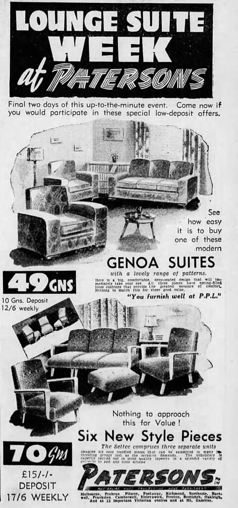 1952 advertisement for furniture at Patersons store