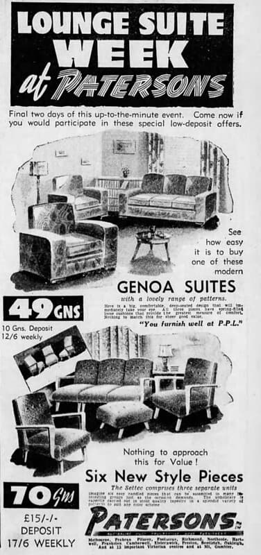 1952 advertisement for furniture at Patersons store