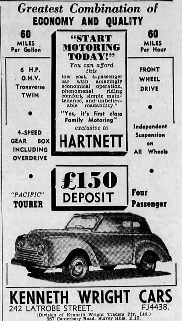 1954 advertisement for Hartnett cars
