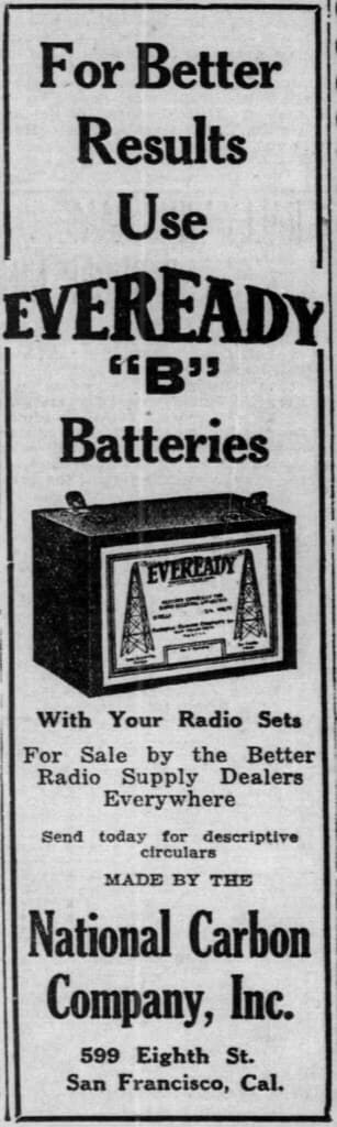 1922 advertisement for Eveready batteries