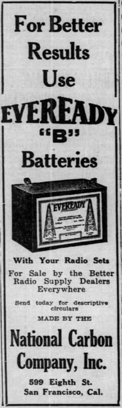 1922 advertisement for Eveready batteries