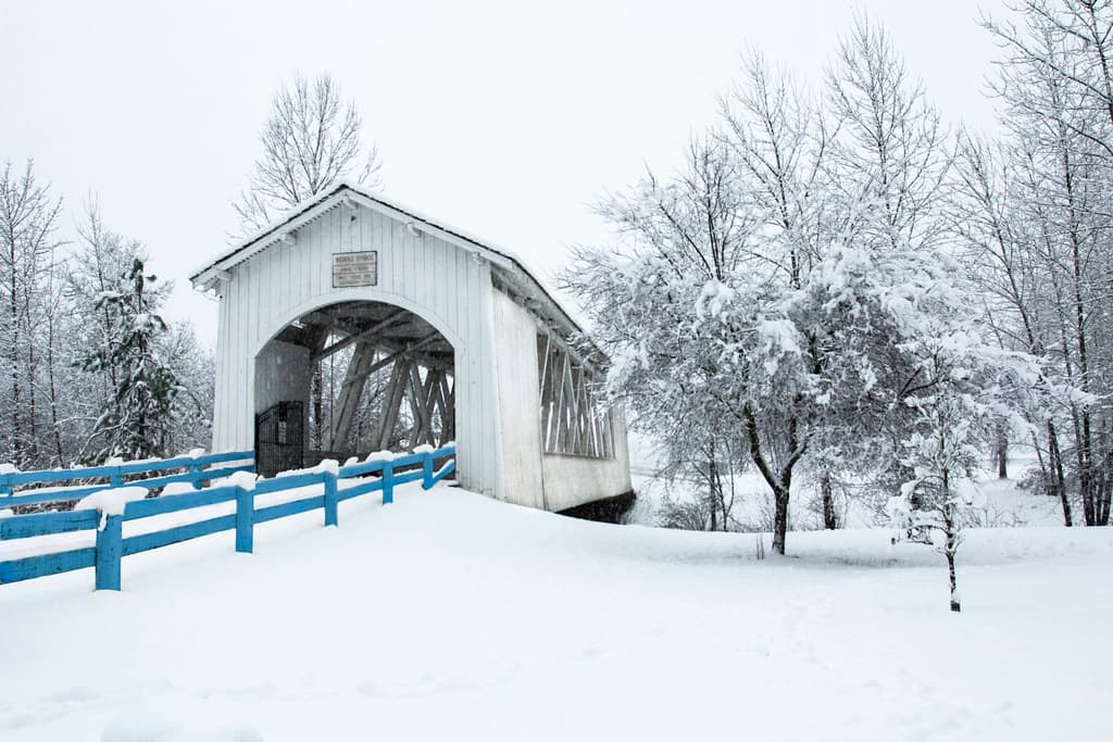Covered bridge in snow, Willamette Valley, Oregon