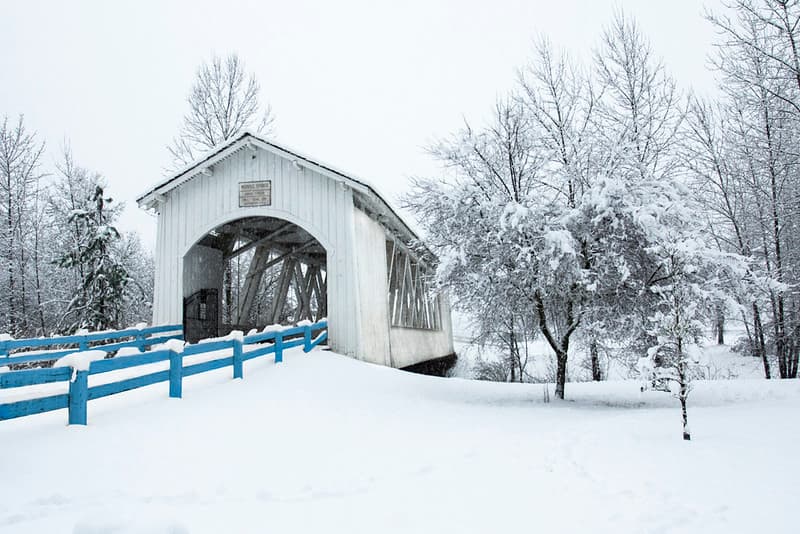 Covered bridge in snow, Willamette Valley, Oregon