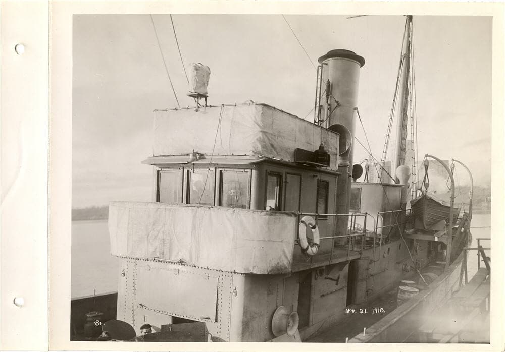 View of wheelhouse of boat being equipped