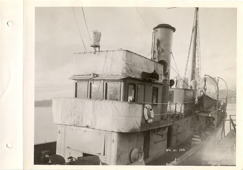 View of wheelhouse of boat being equipped