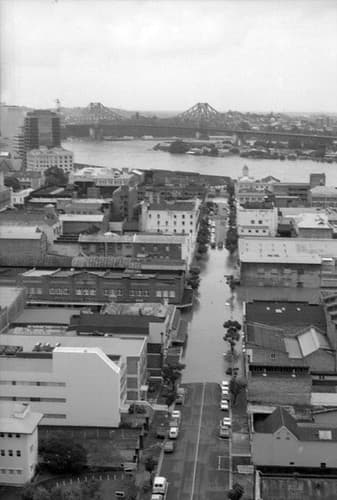 Aerial view of Brisbane City during the 1974 flood, January